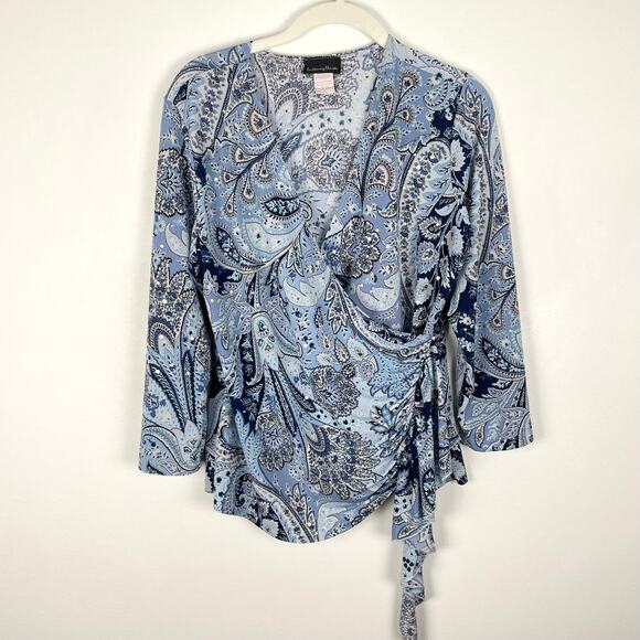 y2k Brittany Black Bedazzled Paisley Wrap Top Size L Blue Hippie Retro Stretchy - Picture 12 of 12